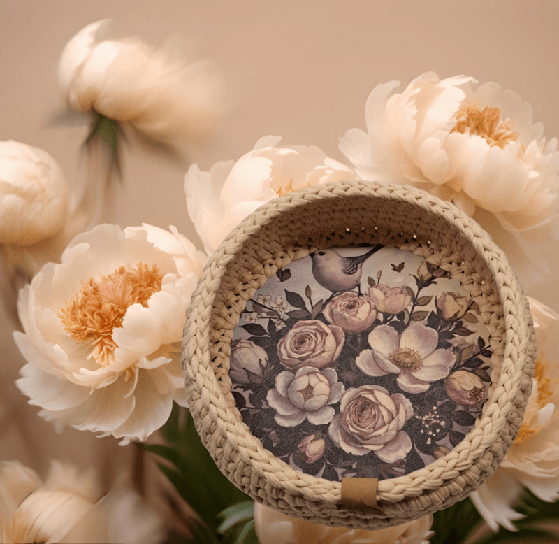 Beige kurv, med blomster motiv